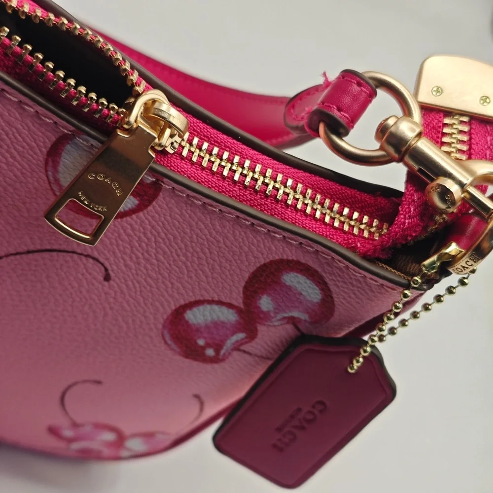 COACH Pink Cherry Print Shoulder Bag with Gold Hardware